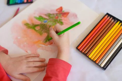 Children's hands on a white table drawing Christmas tree with colored pencils Stock Photos
