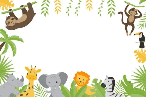 Children's horizontal frame with the image of wild jungle animals. Stock Illustration
