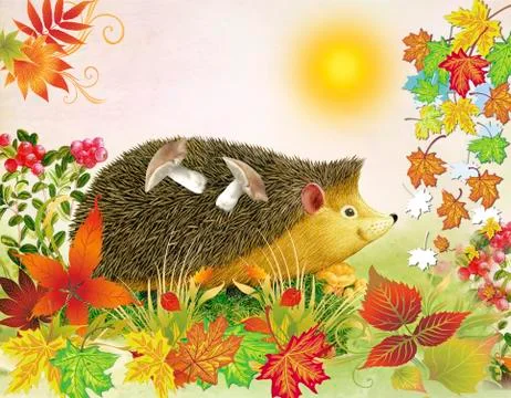 Children's illustration. Fall background. The hedgehog bears on a back mushrooms Stock Illustration
