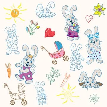 Childrens illustration set of design elements, from rabbits to sun heart flow Stock Illustration