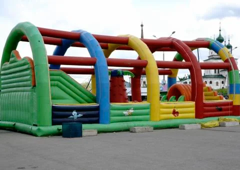 Children's inflatable jumpy house castle top half. Stock Photos