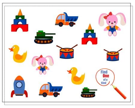 A children's logic game, find the one of a kind. children's toys, cars, bal.. Stock Illustration