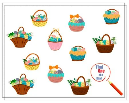 Children's logic game find the one of a kind. Easter egg baskets. Vector is.. 스톡 일러스트