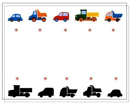 Children's logic game, find the right shadow. children's toy cars. vector i.. Stock Illustration