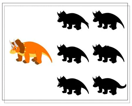Children's logic game find the right shadow, cute cartoon dinosaur. Vector Stock Illustration
