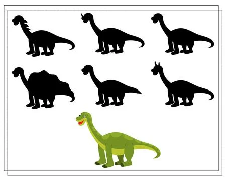 Children's logic game find the right shadow, cute cartoon dinosaur. Vector Stock Illustration