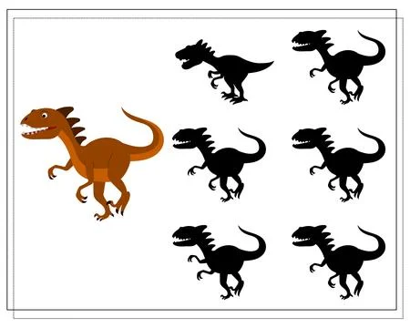 Children's logic game find the right shadow, cute cartoon dinosaur. Vector Stock Illustration
