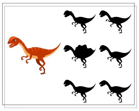 Children's logic game find the right shadow, cute cartoon dinosaur. Vector Stock Illustration