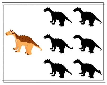 Children's logic game find the right shadow, cute cartoon dinosaur. Vector Stock Illustration