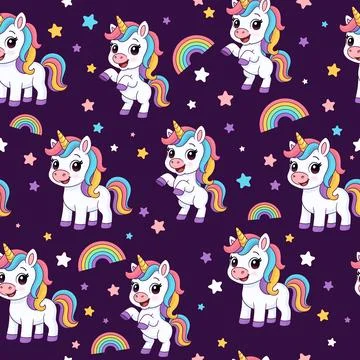 Childrens magic unicorn pattern with cute rainbows and stars. Stock Illustration
