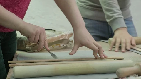 Children's master class in clay modeling. Ceramic workshop 스톡 동영상 128801018