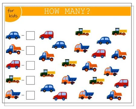 Children's math game, count how many of them. children's toys cars. vector Stock Illustration
