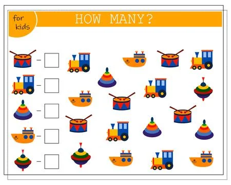 Children's math game, count how many of them. children's toys, a ship, a st.. Stock Illustration
