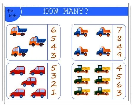 Children's math game, count how many of them. children's toys cars. vector Stock Illustration