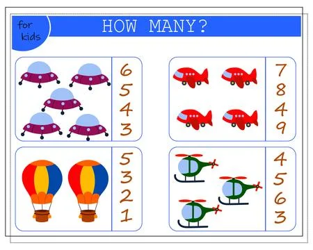 Children's math game, count how many of them. children's toys, helicopter, .. Stock Illustration