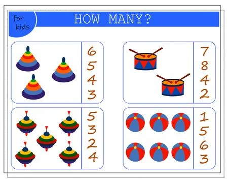 Children's math game, count how many of them. children's toy pyramid, drum, b Stock Illustration