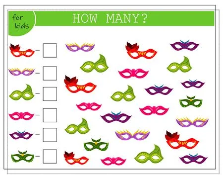 Children's math game count how many of them. Masquerade masks. Vector Stock Illustration
