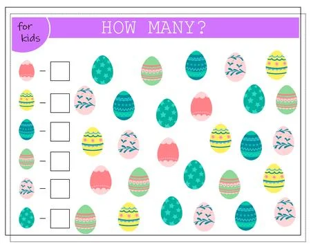 Children's math game count how many Easter eggs. Vector isolated on a white b Stock Illustration