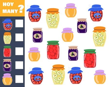Children's math game count how many jars of jam. Vector isolated on a white.. Stock Illustration