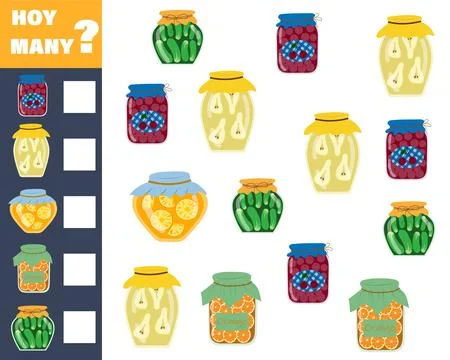 Children's math game count how many jars of jam. Vector isolated on a white b Stock Illustration