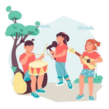 Childrens musical summer camp with kids playing musical instruments, vector. Stock Illustration