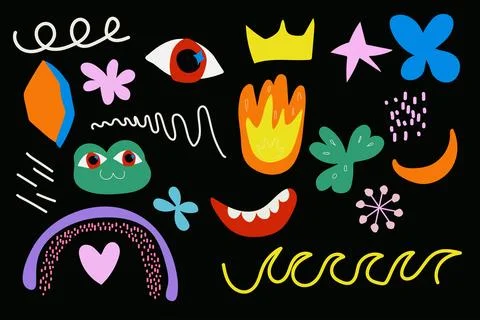 Children's naive objects, shapes, geometric, eye, toad, rainbow, characters.. Stock Illustration