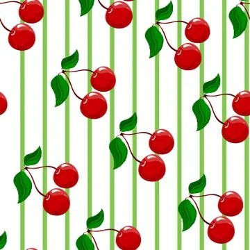 Childrens pattern. Seamless pattern with cheerful cherries and green stripes Stock Illustration
