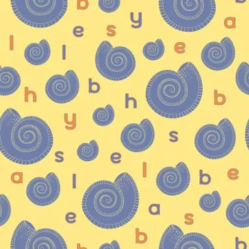 Childrens pattern. Seamless pattern with seashell and english alphabet on a Illustrazione stock
