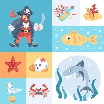 Childrens pirate seamless pattern. Cartoon characters. Ship captain with hook 스톡 일러스트