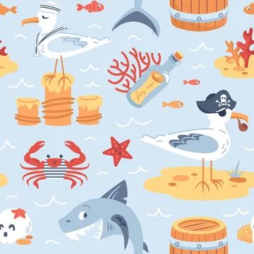 Childrens pirate seamless pattern. Cartoon characters. Seagull sailors, Ship Stock Illustration