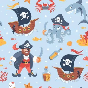 Childrens pirate seamless pattern. Cartoon characters. Corsair Captain with hook Illustrazione stock