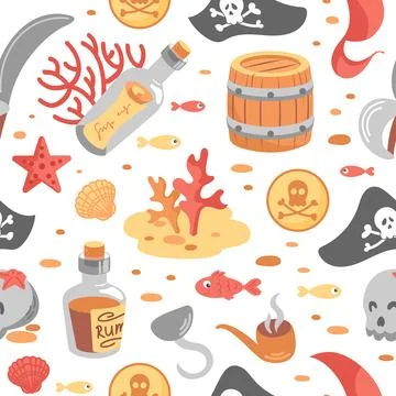 Childrens pirate seamless pattern. Hook and cocked hat, sailors saber, skull Stock Illustration