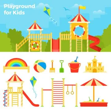 Children's play complex against the backdrop of the cityscape vector icon flat Ilustração Stock