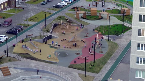Children's play complex in the Russian courtyard from a great height Stock Footage 142268586