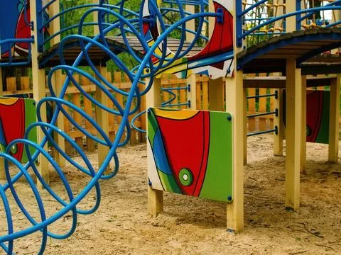 Children's playground in the forest in spring Stock Photos