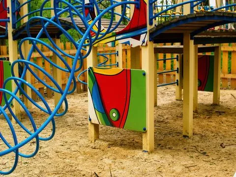 Children's playground in the forest in spring Stock Photos