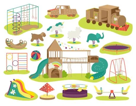 Children's playground vector illustrations set. Teeter board, swings, sandpit Stock-Illustration