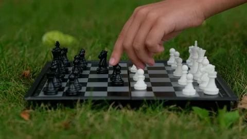 Children's playing chess on the lawn. Two little boys to play board game. Stock Footage 206741643