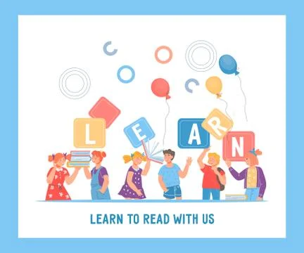 Childrens reading learning poster or banner flat vector illustration. Stock Illustration