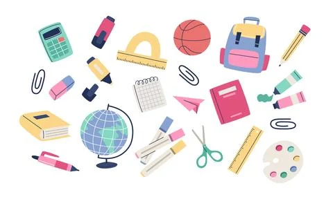 Childrens school elements. Set of school supplies. Vector illustration in flat Illustrazione stock