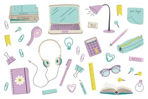 Childrens school elements. Set of school supplies. Stock Illustration
