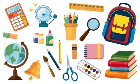Children's school items, stationery, vector flat collection. Stock Illustration