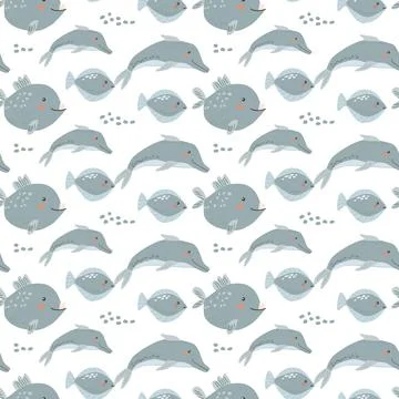 Childrens sea animals pattern, childish ocean marine life seamless background Stock Illustration