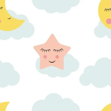 Children's Seamless Pattern Background with Cloud and Stars Vector Illustrati Stock Illustration