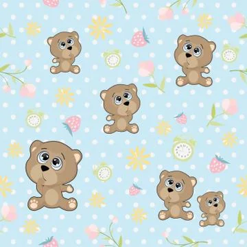 Children's seamless pattern with bears on a blue polka dot background. Stock Illustration