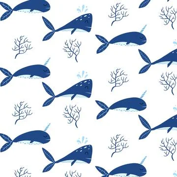 Childrens seamless pattern with blue whales. Stock Illustration