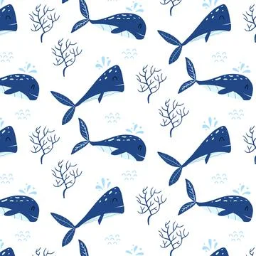 Childrens seamless pattern with blue whales. Stock Illustration