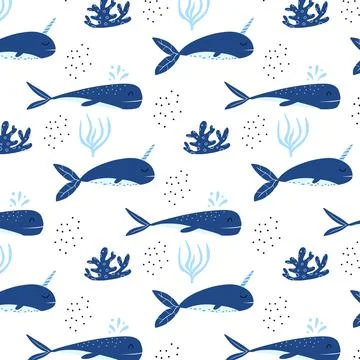 Childrens seamless pattern with blue whales. Stock Illustration
