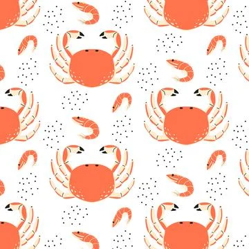 Childrens seamless pattern with crab and shrimps. Stock Illustration