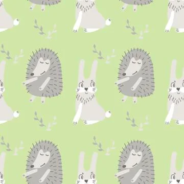 Children's seamless pattern with cute hedgehogs and bunnies on a green meadow Stock Illustration